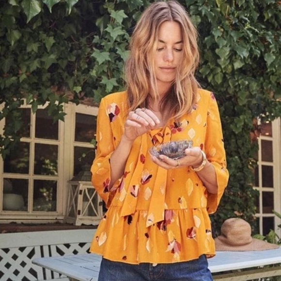 Sézane Anita Silk Blouse in Grands Fleurs Safran Mustard Yellow EU 38 (US 6) - Picture 1 of 13